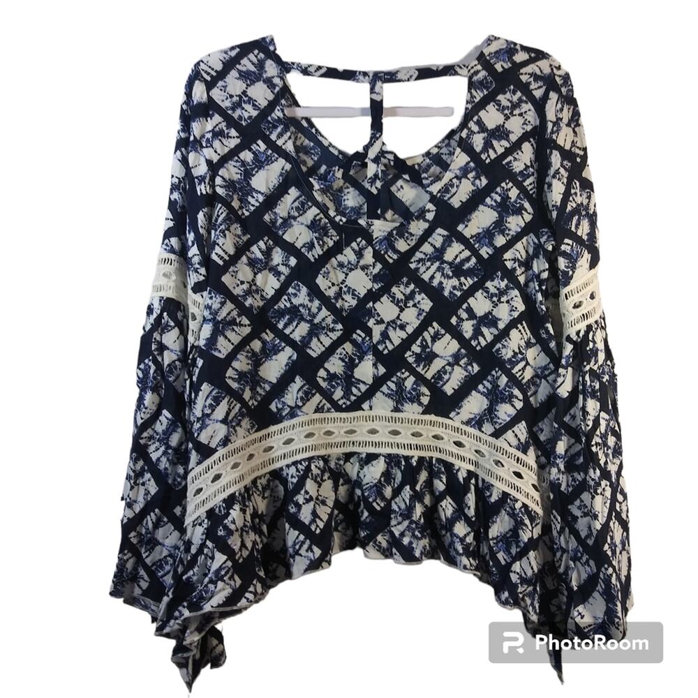 Philosophy Blue White Tie Dye Embroidered Boho Top Size Small - Picture 2 of 7